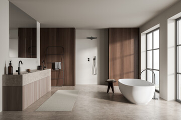 Obraz na płótnie Canvas Beige open-concept bathroom
