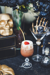 Halloween drink. A special drink for Halloween : Bloody Mary Latte. Strawberry and Cocoa Latte (cocktail for Halloween party) focus on strawberry.