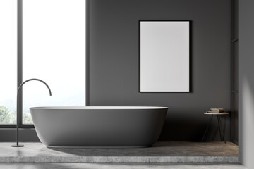 Fototapeta na wymiar Grey bathtub in bathroom interior with window, mockup poster