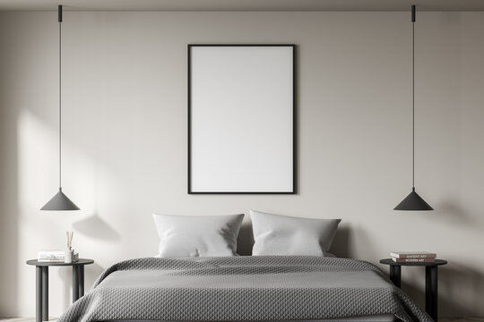 Light bedroom interior with bed and linens, mockup poster