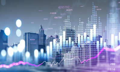 Fototapeta na wymiar New York city skyscraper downtown panoramic view and financial chart