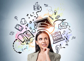 Businesswoman thinking portrait, education doodle sketch on blue background