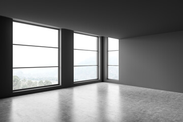 Dark empty living room interior with windows and no furniture, mockup