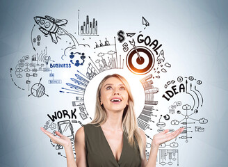 Businesswoman with hands up smiling, business strategy plan and icons on blue wall