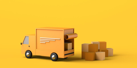 Delivery concept with truck loading boxes. Logistics. Copy space. 3D illustration.