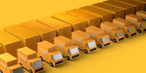 Delivery concept with trucks loading boxes. Logistics. Copy space. 3D illustration.