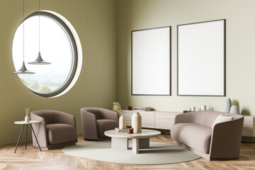 Light relaxing room interior with armchairs and sofa, mockup posters