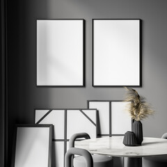 Multiple frames in grey room with round table. Two mockups.