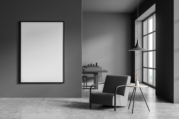 Grey living room interior with armchair and table near window, mockup poster