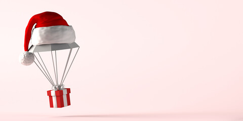 Christmas gift delivery with parachutes. Logistics. Copy space. 3D illustration.