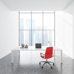 White and grey personal office with accent rolling chair