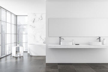 Fototapeta na wymiar Bright bathroom interior with bathtub, double sink, mirror