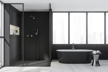 Dark bathroom interior with bathtub, shower, panoramic window