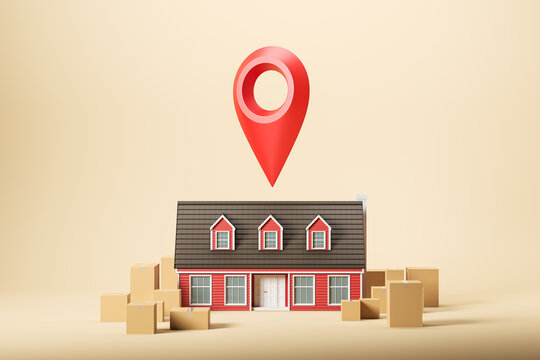 Red house location sign with mockup boxes on beige background