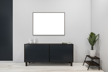 Horizontal canvas over dark blue grey dresser in white house hall