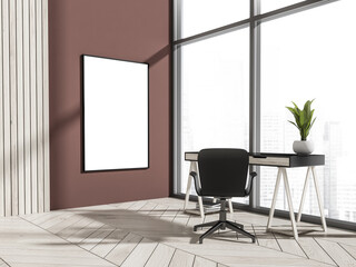 Home office interior, table and chair near window, mockup poster