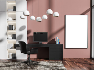 Business interior, armchair and table with computer. Mockup poster