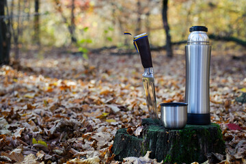Fototapeta premium Thermos and hunting knife. The concept of tourism, survival and hunting in the autumn in forest. a thermos of tea, a cup and a knife, on an old tree stump. dry leaves in the park. rest at nature.