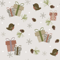 Christmas seamless vector illustration. Birds, gifts and spruce on a beige background.