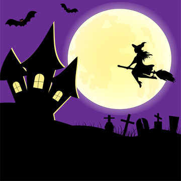 Halloween flying witch on her broom on moon background. Witch house near the cemetery with flying bats. Happy Halloween card design