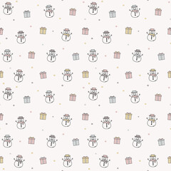 Seamless pattern with snowmen and presents. Christmas background. Vector