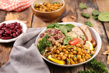 buddha bowl with grilled chickpea, tofu and bean