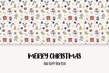 Christmas greeting card with hand drawn decorations and wishes. Vector