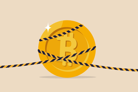 Bitcoin crypto currency banned, government monetary policy, Cryptocurrency crash or digital crime investigation concept, precious high value bitcoin wrap with investigation crime scene yellow tape.