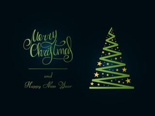 Fototapeta na wymiar Handwritten green lettering on a dark blue background. Magic green Christmas tree with golden stars. Merry Christmas and Happy New Year 2022.