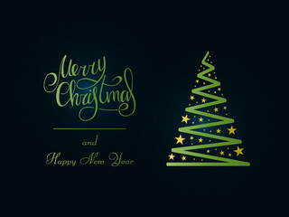 Handwritten green lettering on a dark blue background. Magic green Christmas tree with golden stars. Merry Christmas and Happy New Year 2022.