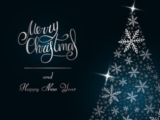Handwritten silver lettering on a dark blue background. Magic silver Christmas tree of snowflakes. Merry Christmas and Happy New Year 2022.