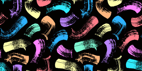 Seamless pattern with bright colorful wide brush strokes isolated on black background. Hand drawn vector wallpaper.	