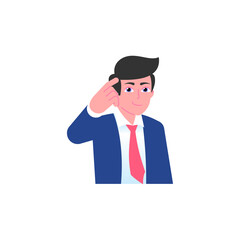 Smiling businessman points finger to his temple. Think about it, creative solution concept. Male emoji character with different emotion and gesturing. Vector illustration isolated on white background