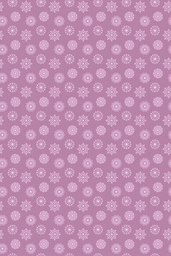 Christmas background with color snowflakes seamless pattern on purple backdrop. Xmas ornament, new year minimalist snow decoration for festive banner, holiday postcard, price tag, packaging design.