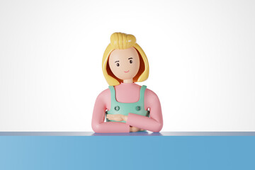 3D model of a girl with blonde hair, a pink dress, and a green apron, sitting on the counter with her arms with clipping path 3D render