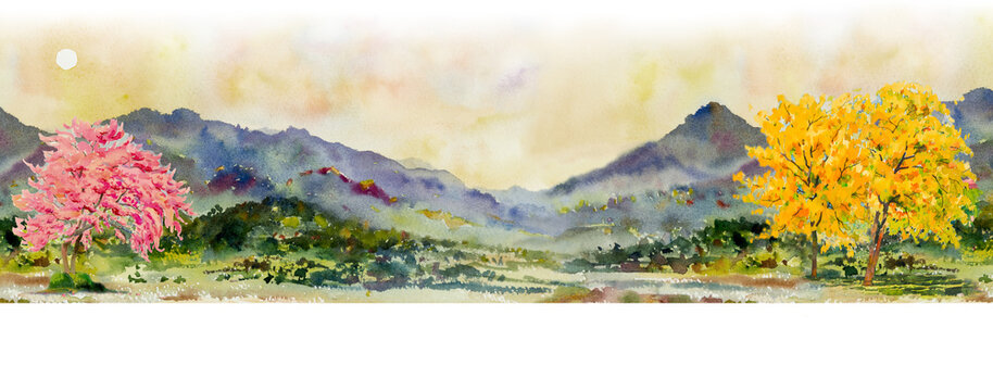 Watercolor landscape paintings colorful mountain range and sunrise.