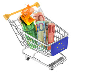 Euro Banknoten Geldrollen im Einkaufswagen verbrennt Konzept Inflation