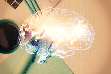 Multi exposure of brain sketch hologram over topview work table background with computer. Concept...