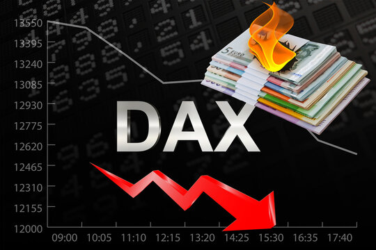 Deutsche B&ouml;rse Dax B&auml;renmarkt Chart mit brennenden Euro Banknoten