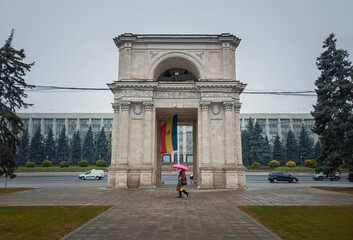 Triumphal Arch in front of the government building, Chisinau, Moldova. Historical landmarks of the capital city.