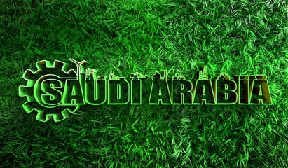 Saudi Arabia country name with industrial icons and green grass