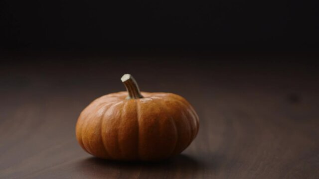 Slow motion small orange pumpkin fall in frame on walnut table with copy space and thanksgiving card