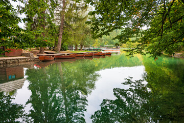 Wooden pleasure boats on the lake. Plitvice. Croatia