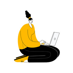 A woman is sitting with a laptop. Vector illustration in outline style on the topic of computer work and freelancing. - obrazy, fototapety, plakaty