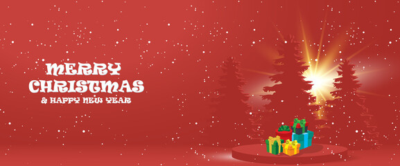 Merry Christmas banner with platform cylindrical shape, gifts and christmas tree paper cut style - 464808675
