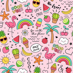 Cute hand drawn summer element seamless pattern with pink background.