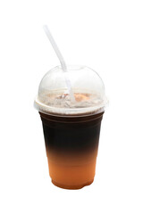 Americano coffee mixed with orange juice in degradable plastic cup isolated on white