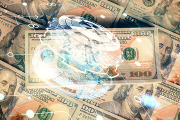 Double exposure of data theme drawing over us dollars bill background. Technology concept.