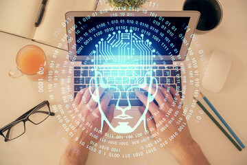 Double exposure of man's hands typing over computer keyboard and brain hologram drawing. Top view. Ai and data technology concept.