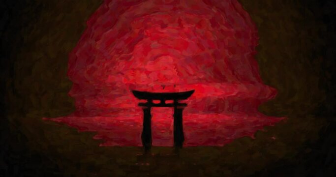 Stylized as drawing Japanese gate to the sea. An example of how a neural network works. Artificial intelligence in video processing.